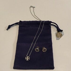 Preowned TORY BURCH rhinestone necklace and stud earrings- in pouch